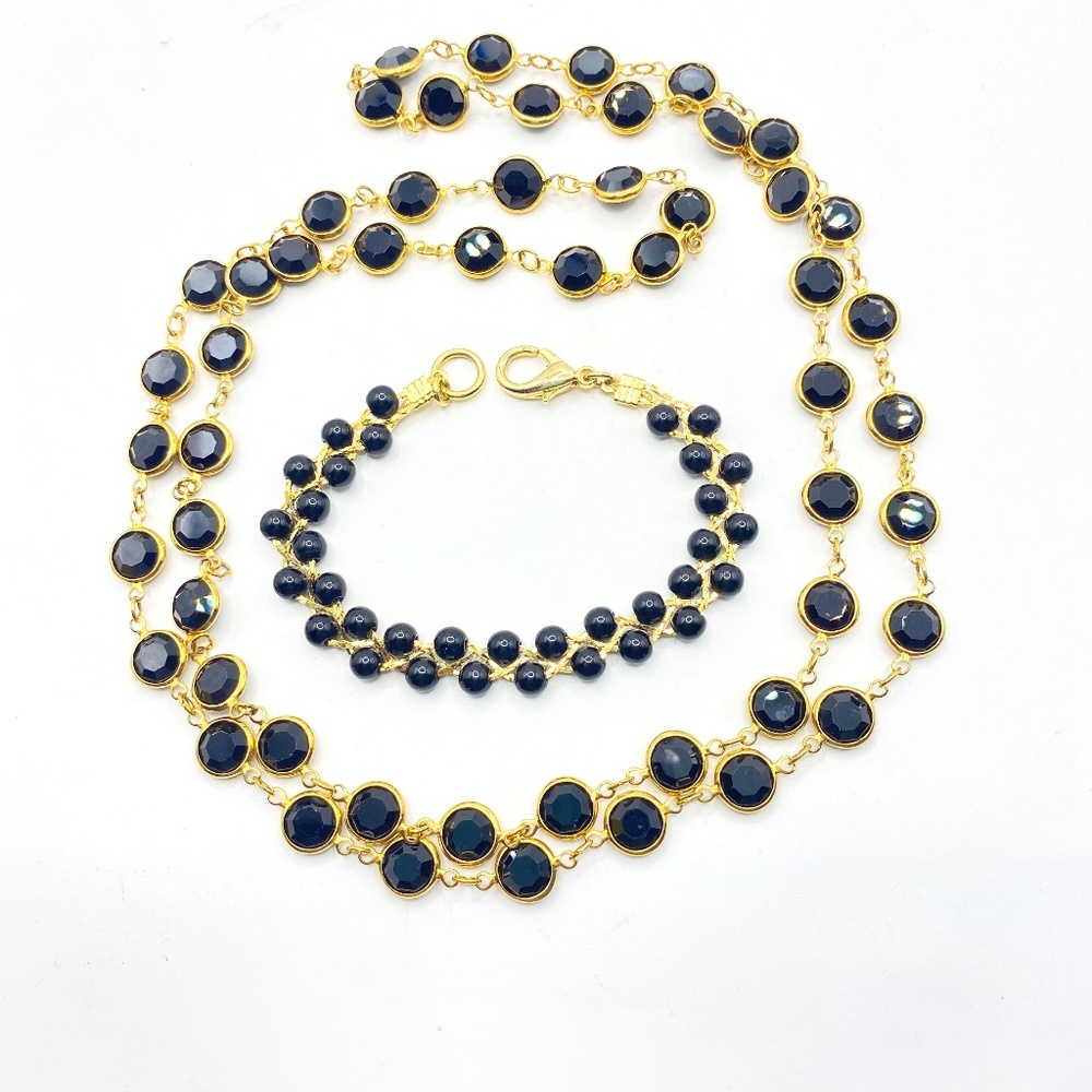 Vtg Gold Tone & Black Acrylic Beads Bracelet & Black Bezel Set Necklace Bundle